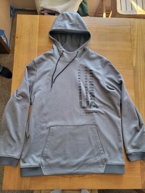 Under Armour Mens Gray Logo Loose Coldgear Hooded Sweatshirt Hoodie Size XL